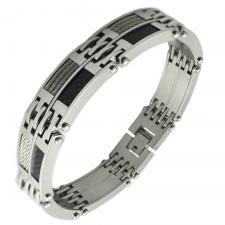 Men's Stainless Steel Bracelet with Black Carbon Fiber and Steel Cable Accents